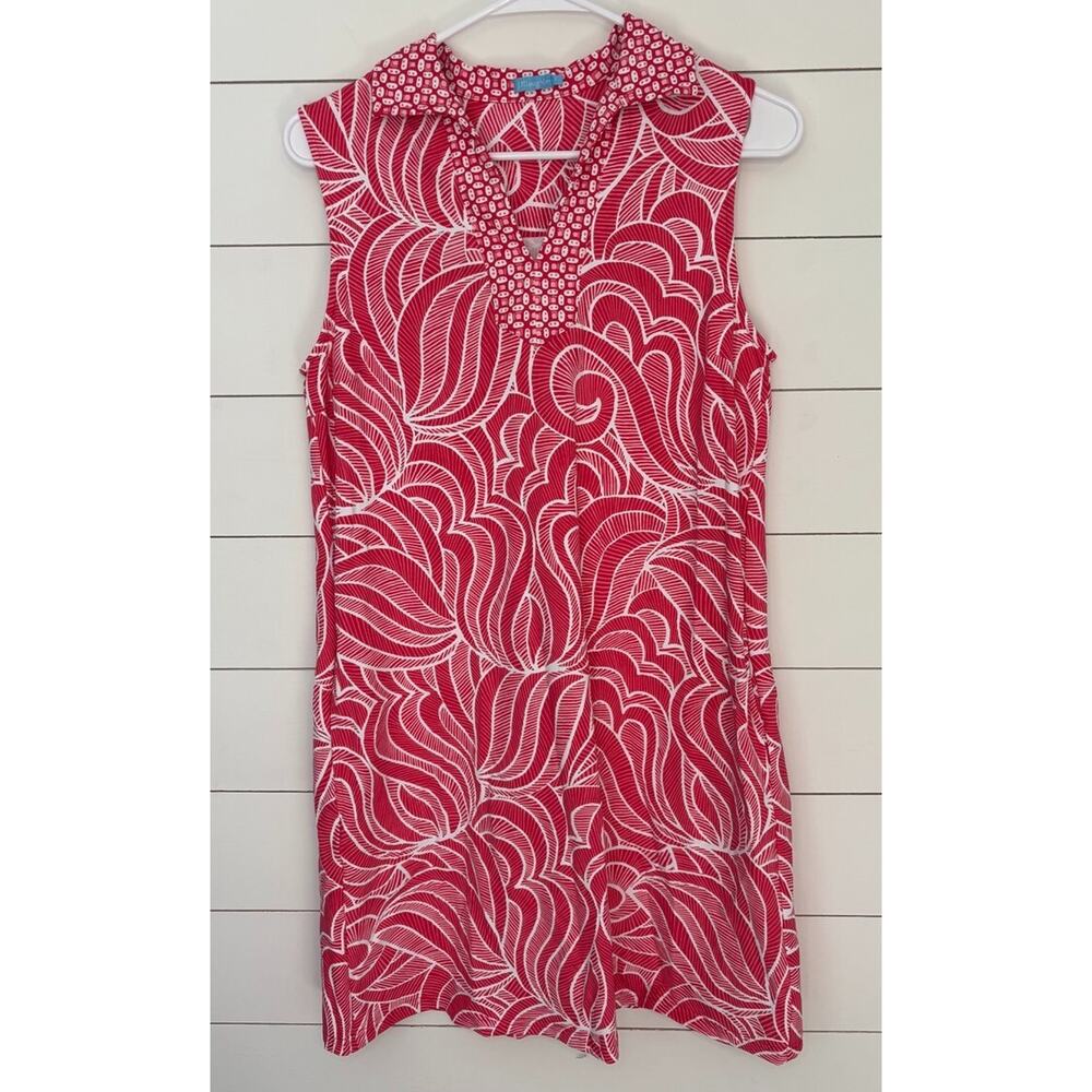 J. MCLAUGHLIN DRESS SMALL GEOMETRIC CORAL WHITE POCKETS GOLF TENNIS‎ STRETCH